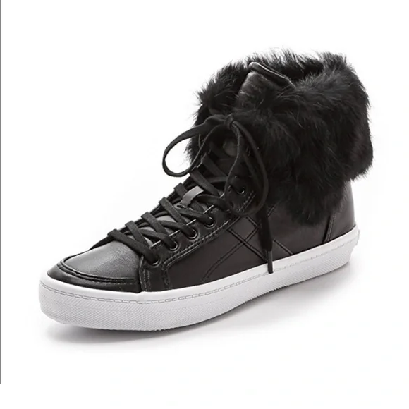 Rebecca Minkoff NEW Women's Black natural Fur-Trimmed High-Top Sneakers 7.5 - Picture 1 of 5